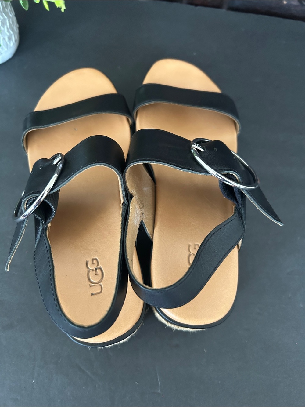 UGG Black Leather Platform Espadrille Sandals with Silver Buckle - Picture 6 of 15